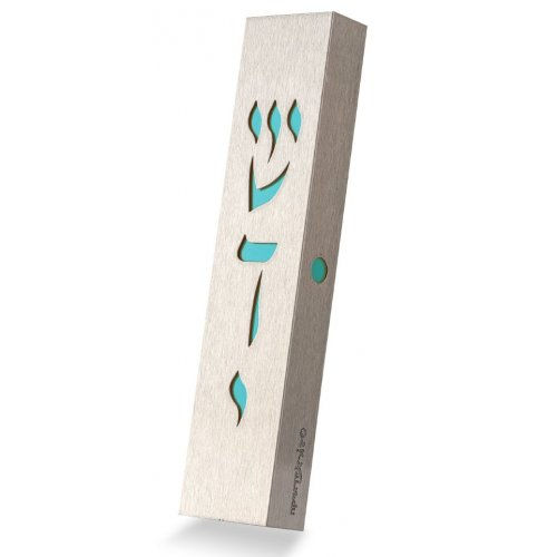 Judaica Stainless Steel Mezuzah Case, Divine Name, Turquoise color