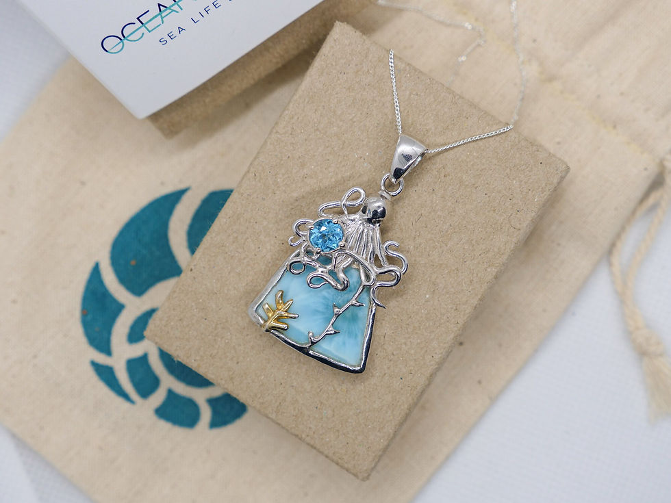 Thumbnail: Octopus Necklace- Sterling Silver Octopus Pendant in Larimar with Blue Topaz&