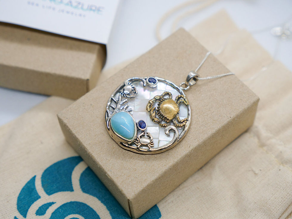 Thumbnail: Crab Necklace - 18K Gold Plated Crab and Sterling Silver Pendant with Larimar