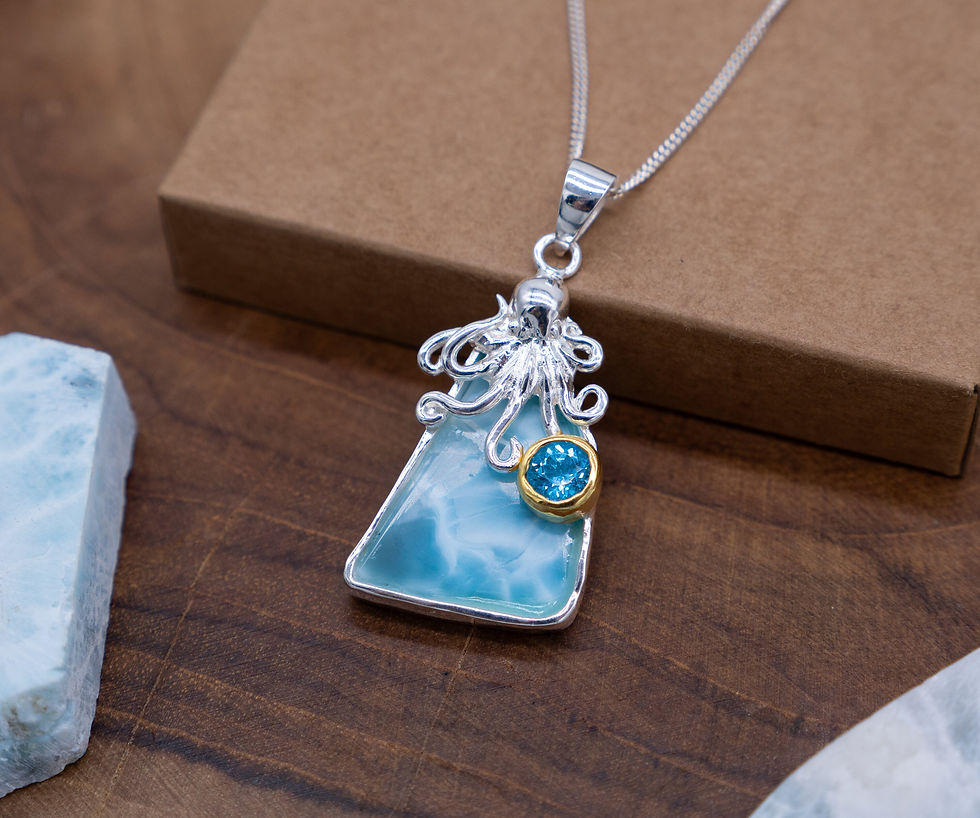 Thumbnail: Silver Octopus pendant with Larimar and blue Topaz, sea life nautical necklace