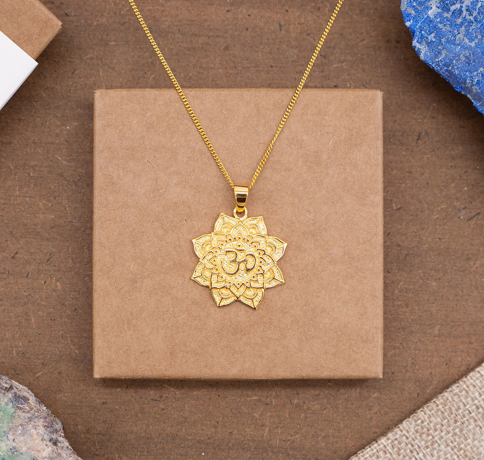 Thumbnail: Om Mandala Flower Necklace, Silver 14K Gold plated Yogi Pendant Aum Symbol