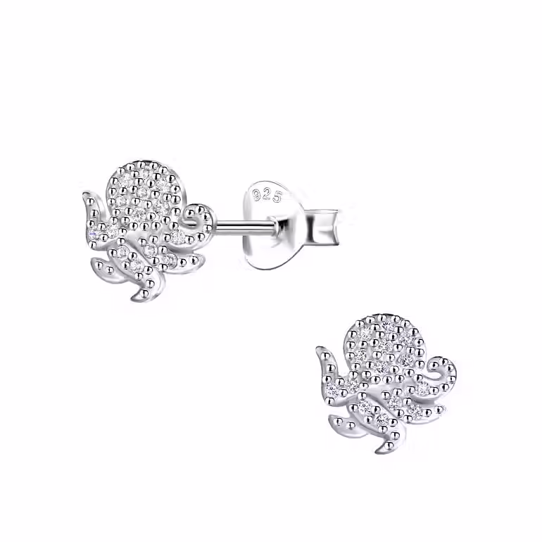 Silver and CZ Octopus Stud Earrings for Kids