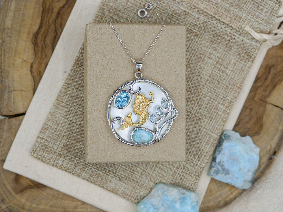 Thumbnail: Mermaid Necklace- 925 Sterling Silver Shell Pendant with 18K Gold Plated Larimar