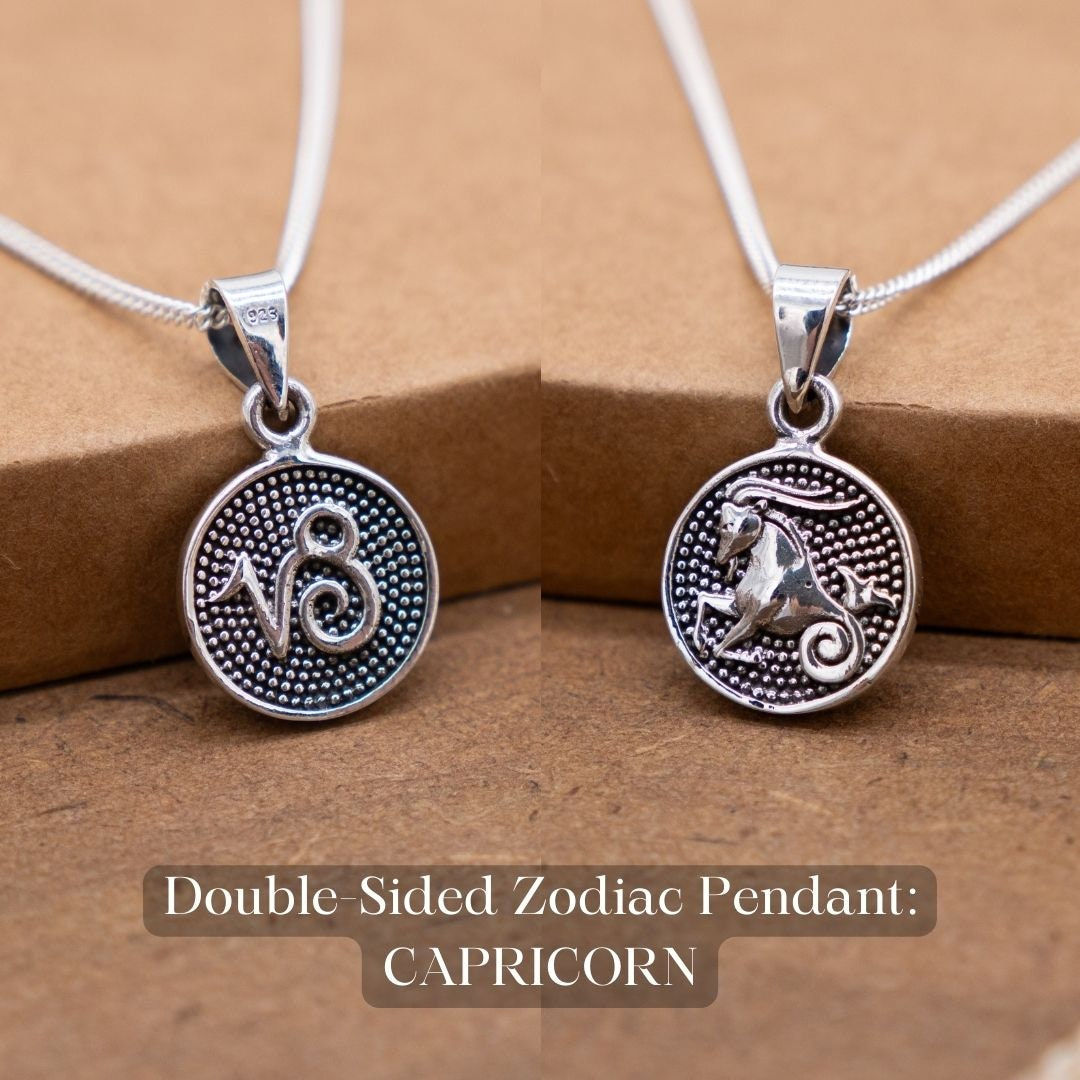 Capricorn Zodiac Silver Necklace, Double-Sided Capricorn Zodiac Pendant
