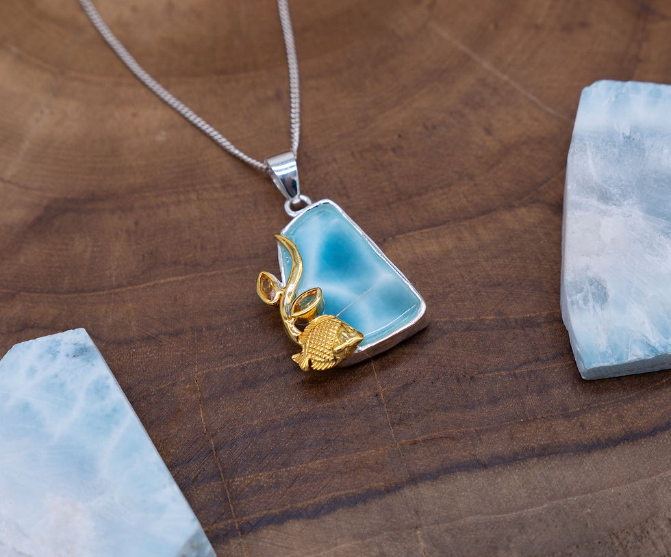 Thumbnail: Gold Fish Pendant, Silver and Larimar Fish Necklace with Citrine Gemstones, Sea