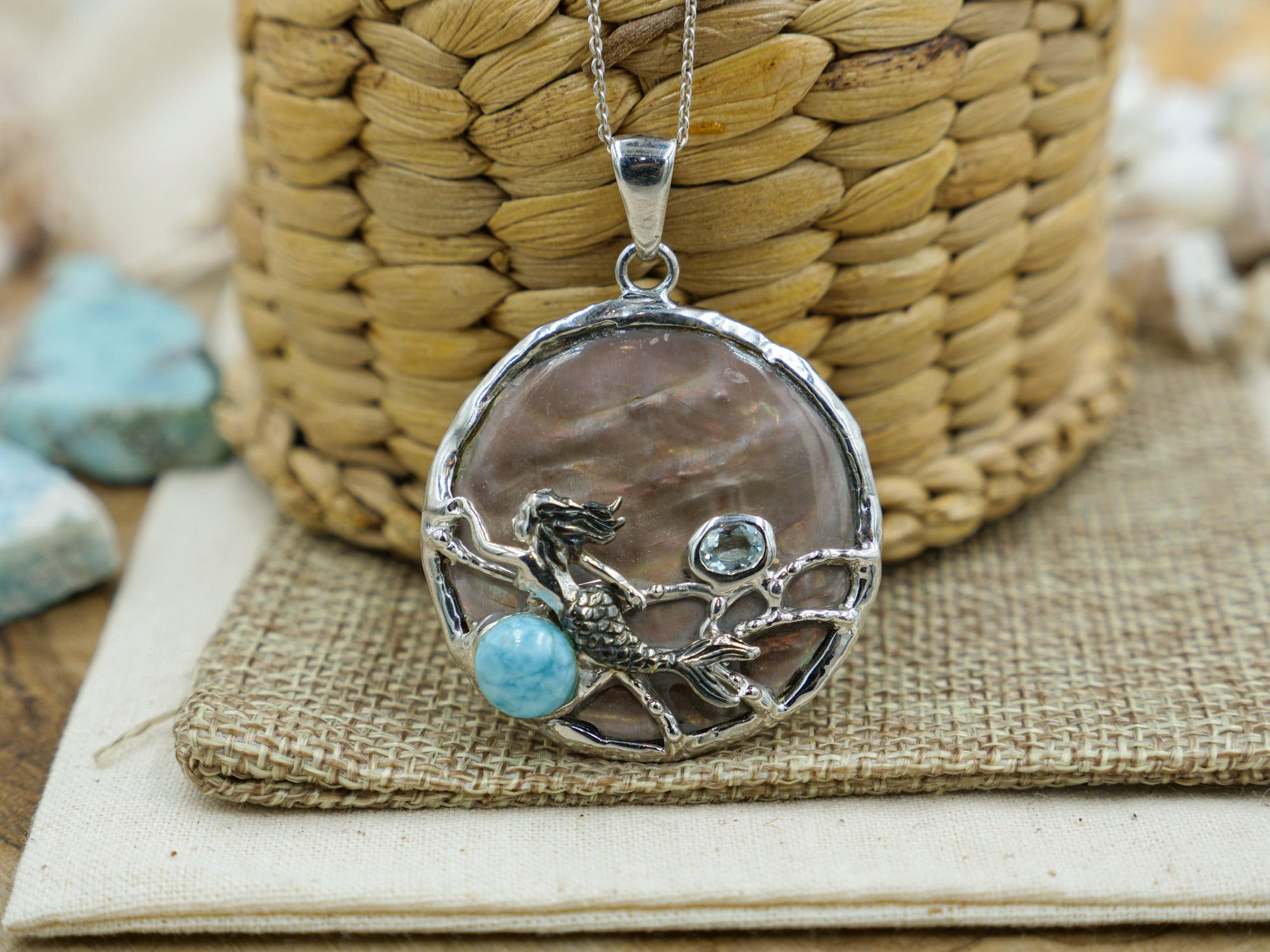 Silver Mermaid Necklace Blue Topaz and Larimar Pendant, Nautical Design Jewelry