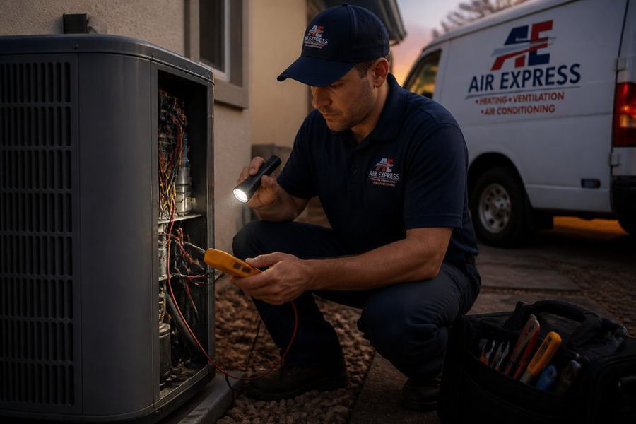 An HVAC technician in a branded uniform inspecting a residential air conditioning unit outside a home at dusk, holding a multimeter and flashlight