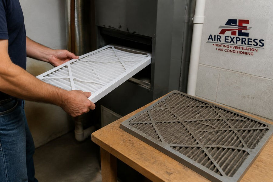 Homeowner inserting a clean filter into an HVAC unit for central ac system maintenance in a basement.