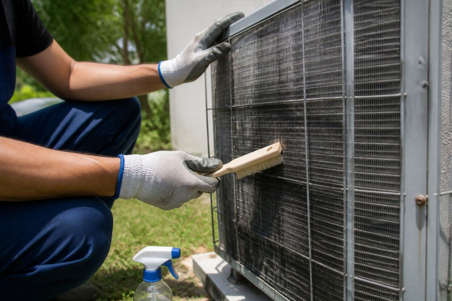 Close-up of a technician's hands wearing work gloves using a soft-bristled brush to gently clean the aluminum fins of an outdoor air conditioning condenser coil on a sunny day