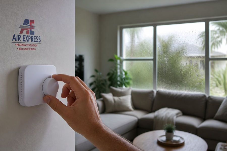 Homeowner's hand adjusting a smart thermostat on a wall in a modern living room, with visible condensation on a nearby window