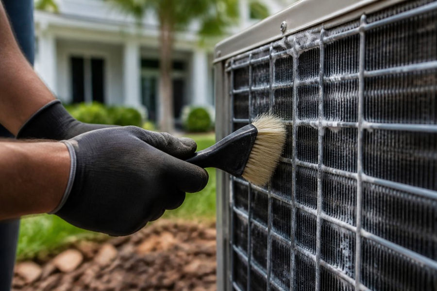 Close-up of technician's hands carefully cleaning an outdoor HVAC condenser coil with soft brush, showing salt residue and corrosion prevention in action, with residential home in soft-focus background