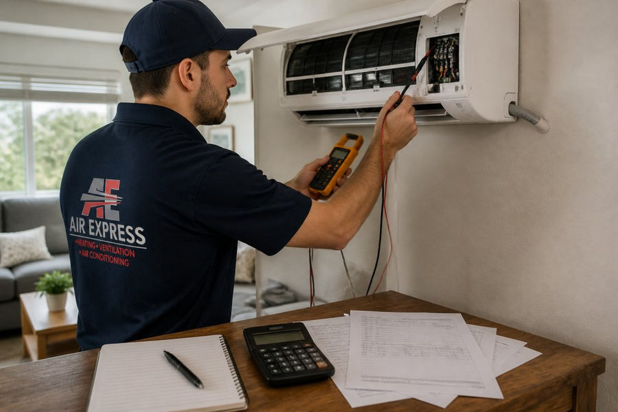 Professional HVAC technician in uniform using diagnostic equipment on an indoor AC unit, examining the compressor and electrical connections with a multimeter, in a residential home with natural lighting