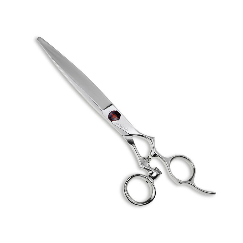 ABOVE Ergo DS hair shear with dual-axis swivel thumb handle for ergonomic, strain-free precision cutting.