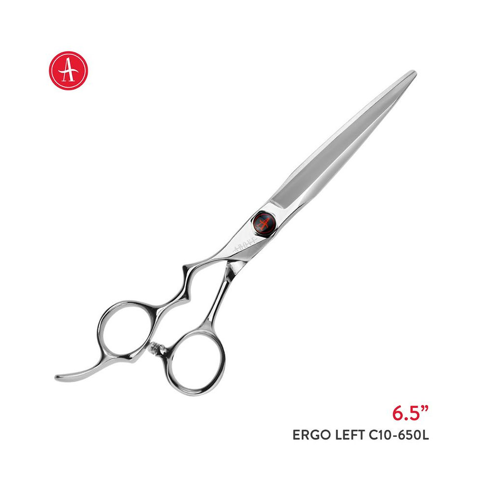 Thumbnail: ABOVE Ergo Left C10-650L 6.5" left-handed barber shear with ultra-sharp convex blades for smooth blunt cutting.