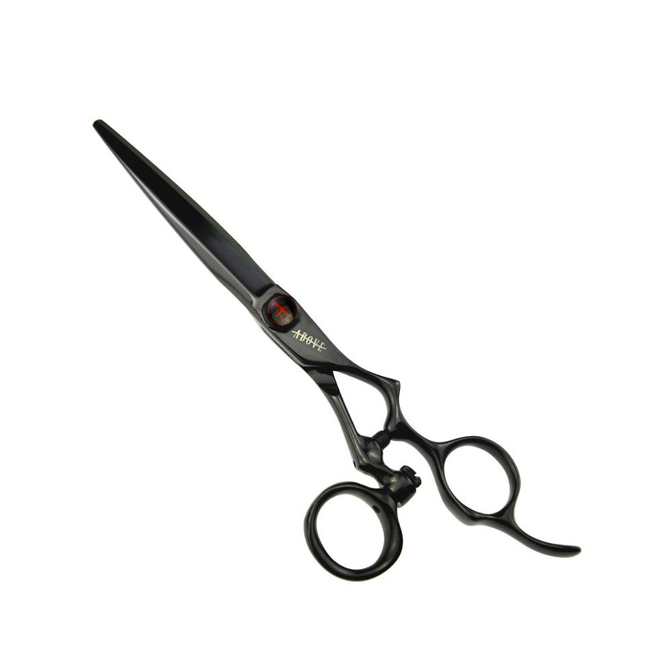 ABOVE Ergo S Black C10S-600BK professional hair cutting shear featuring a matte black coating and red pivot screw.