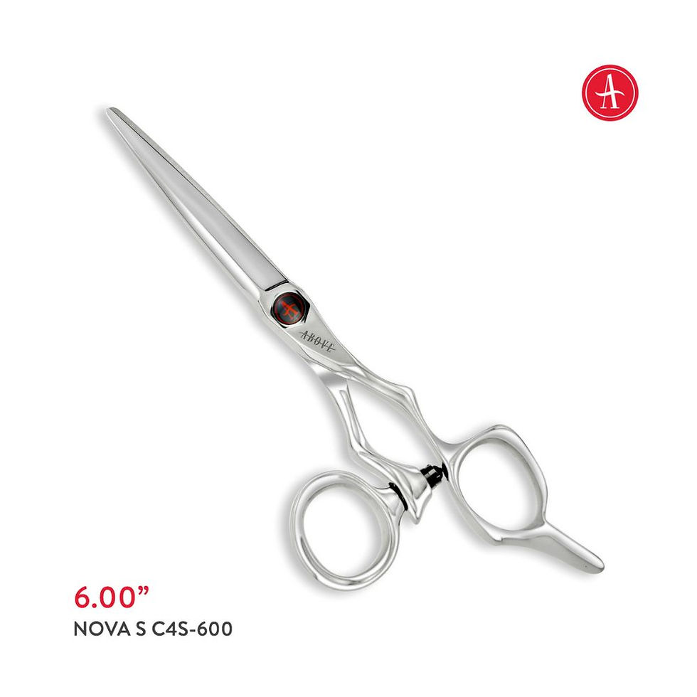 ABOVE Nova S C4S-600 6.00” hair styling shear with red tension screw accent and marketing size graphics.