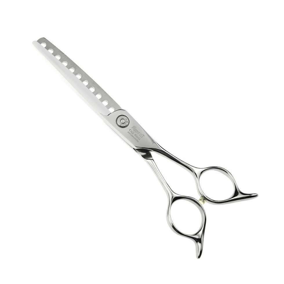 Thumbnail: Reverse side view of ABOVE Flipper 11T texturizing scissor detailing the level set handle and flat pivot casing.