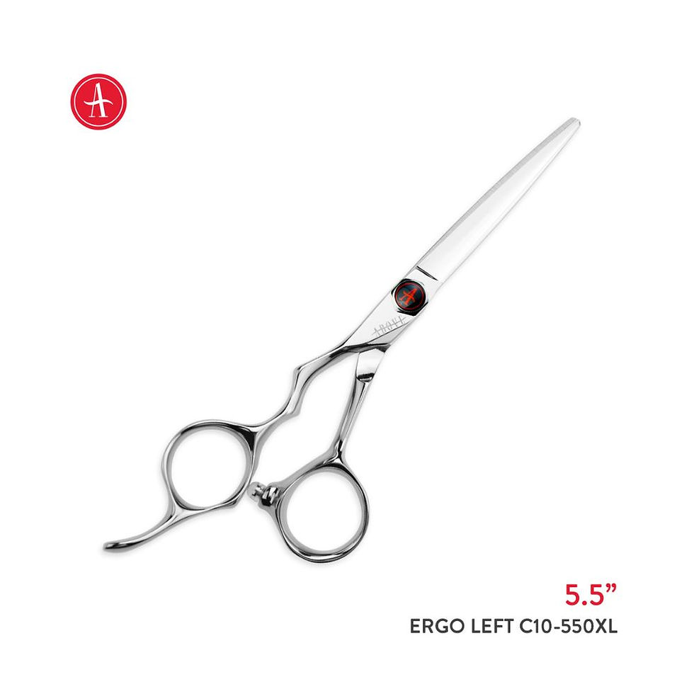 ABOVE Ergo Left C10-550XL 5.5" left-handed salon shear with a high-polish convex edge and red accent pivot screw.