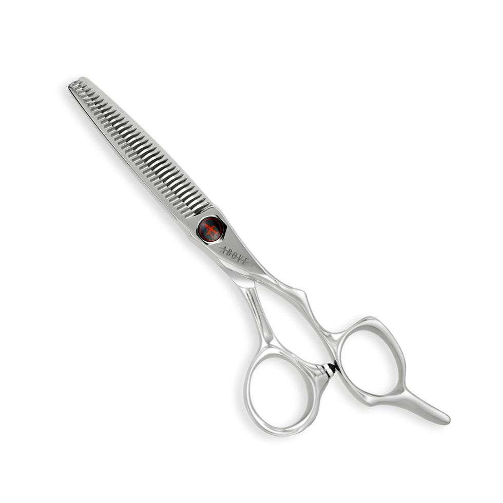ABOVE Nova 33T professional hair thinning scissor on white background highlighting its ergonomic offset sculptured handle.