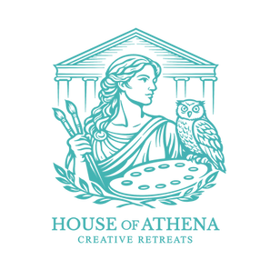 Logo for wellness retreats showcasing an artist holding a palette and an owl in profile.