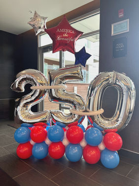 Patriotic America the Beautiful 250 silver foil number balloon stack with red blue and white balloon base