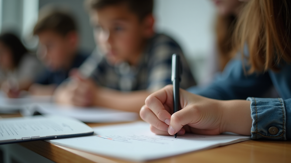 Close-up view of a young person writing notes during a youth development seminar