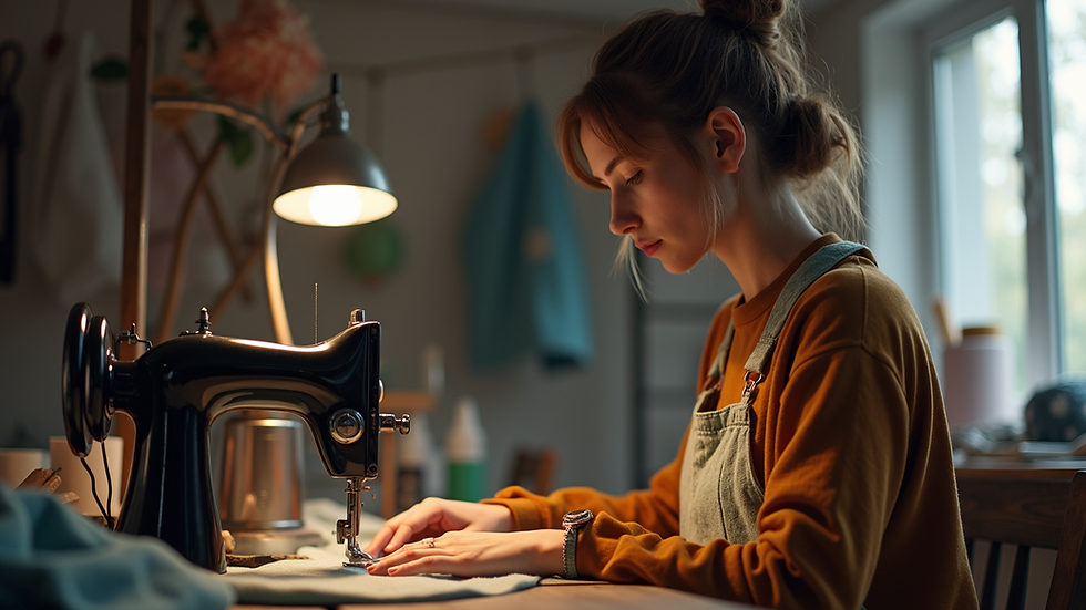 Eye-level view of a young woman sewing clothes in a small tailoring workshop