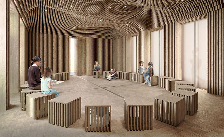 Warm, timber-lined interior with rhythmic vertical slats, soft natural light, and people seated on wooden stools in a circular layout.