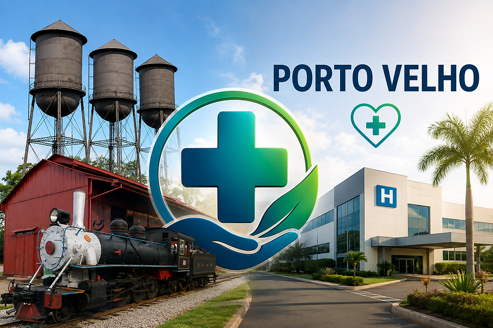 Ilustração de serviços de saúde em Porto Velho, com ícones médicos, hospital e pontos turísticos da cidade.