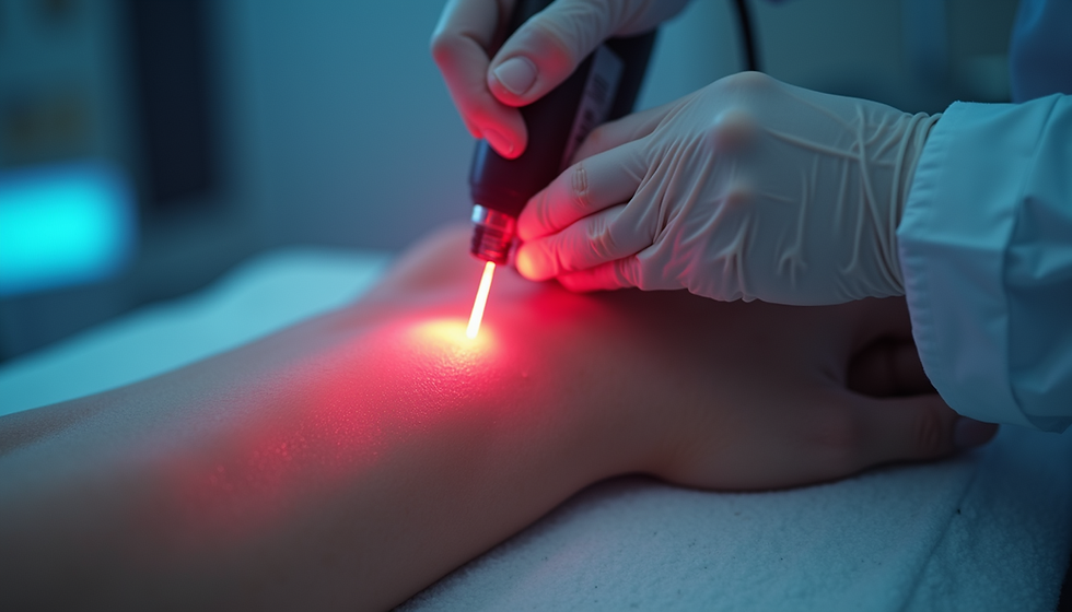 Aplicação de laser terapêutico no pé durante atendimento de saúde.