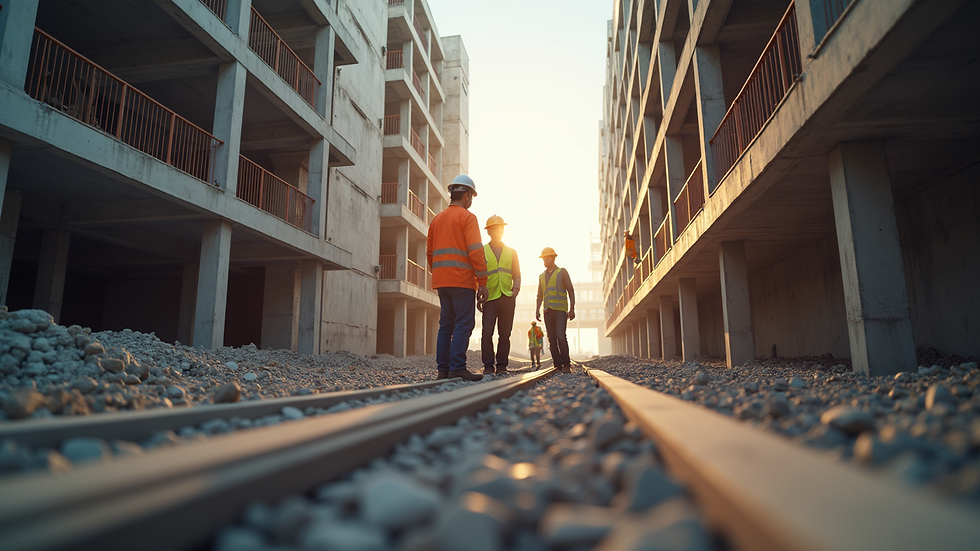 Eye-level view of a construction site with workers collaborating