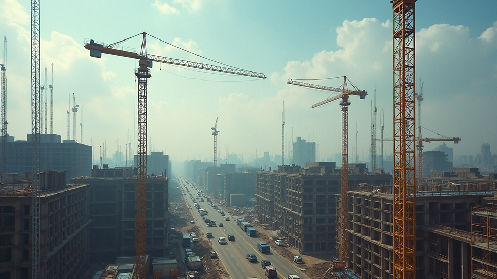 Wide angle view of a construction site with cranes and scaffolding