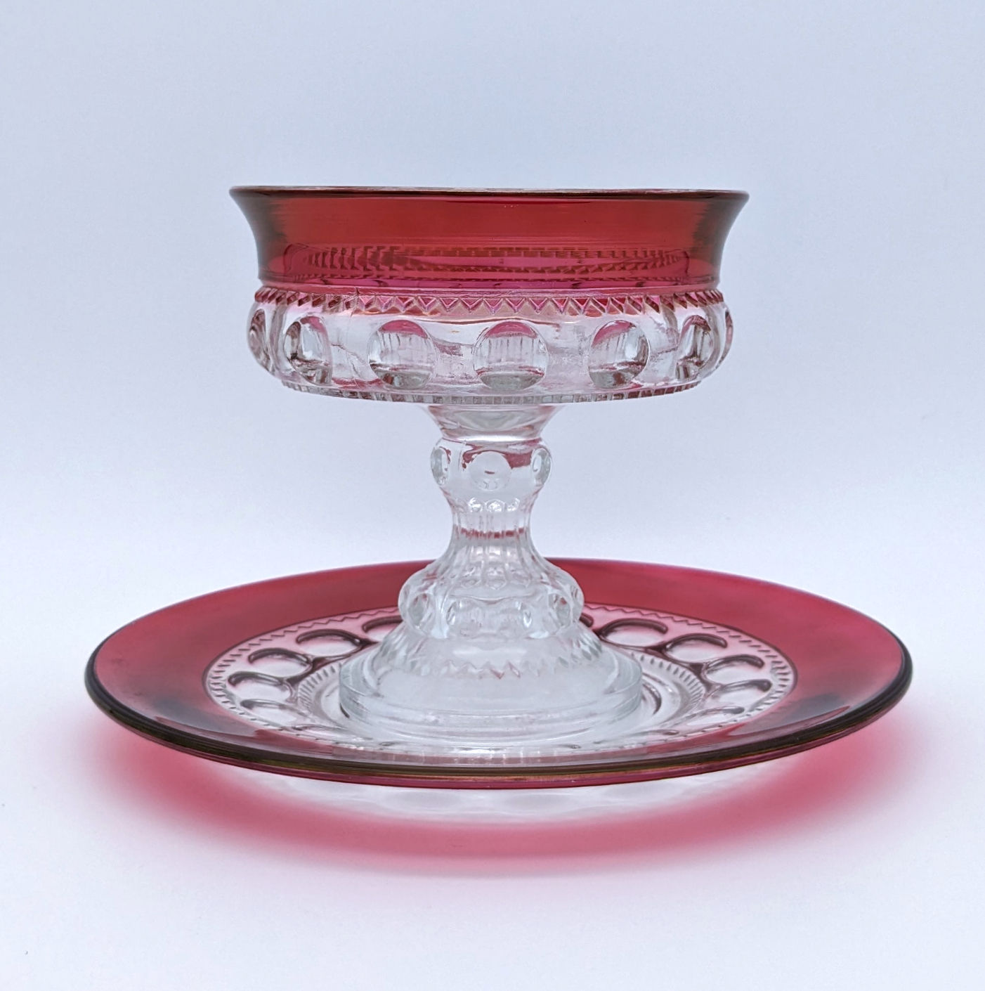 Tiffin King's Crown Cranberry Flashed Glass Pedestal Compote and Plate Set