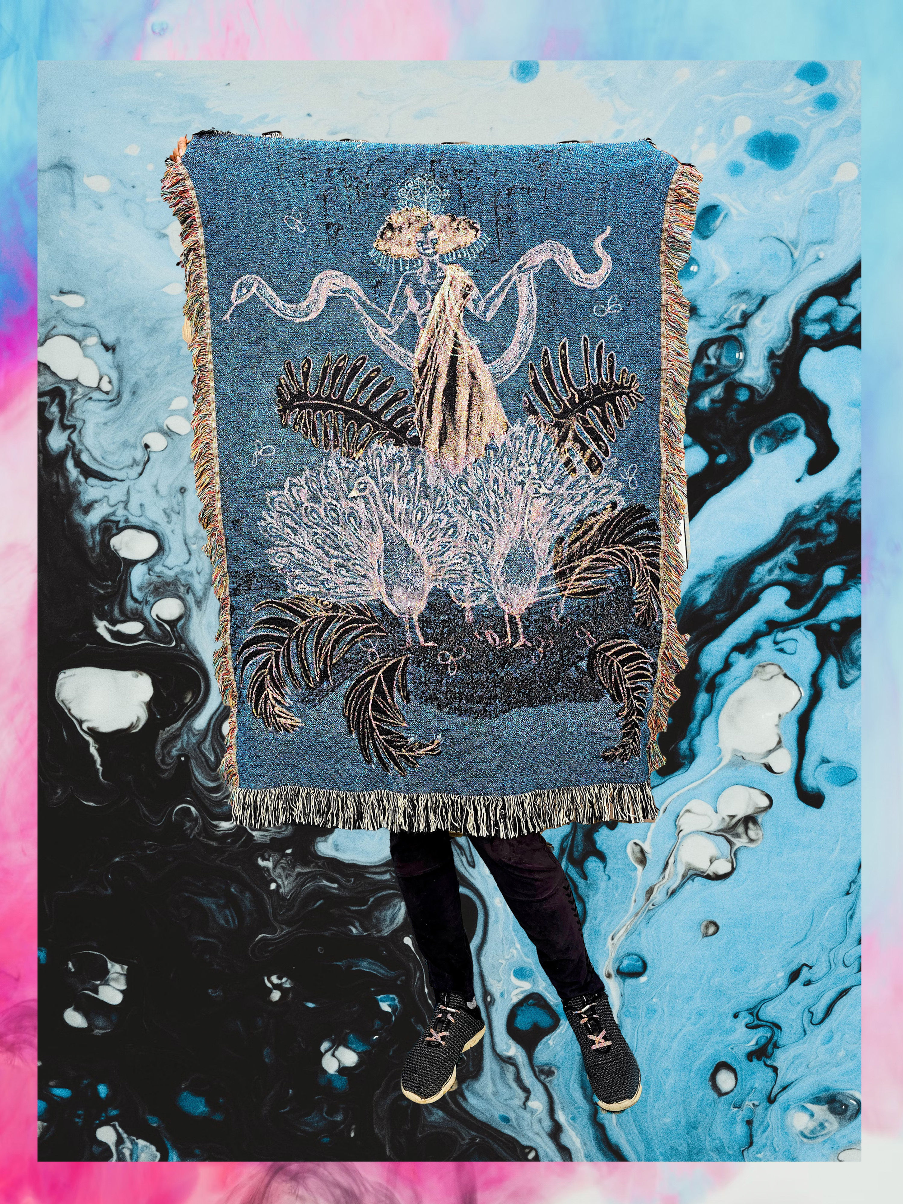 Empress and Peacock Fantasy Art - Woven Blanket or Wall Tapestry, 100% Cotton