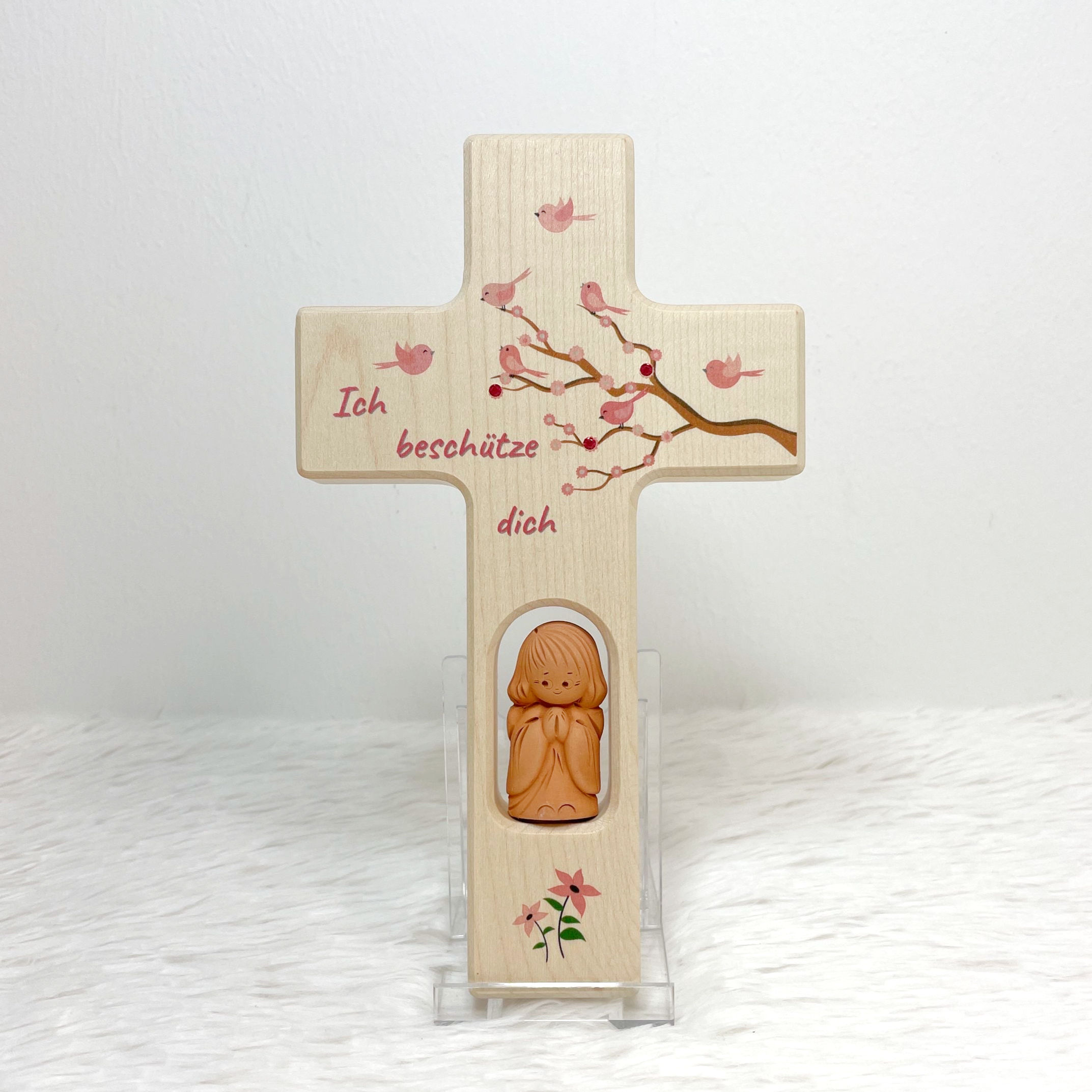 Kinderkreuz mit Ton Engel - Ich beschütze dich Rosa