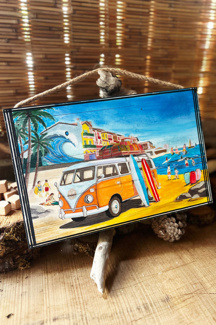 Cadre décoratif artisanal peint Hossegor Surf & Combi Volkswagen