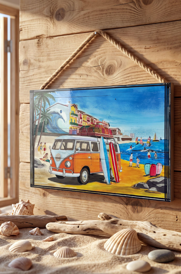 Cadre décoratif artisanal peint Hossegor Surf & Combi Volkswagen