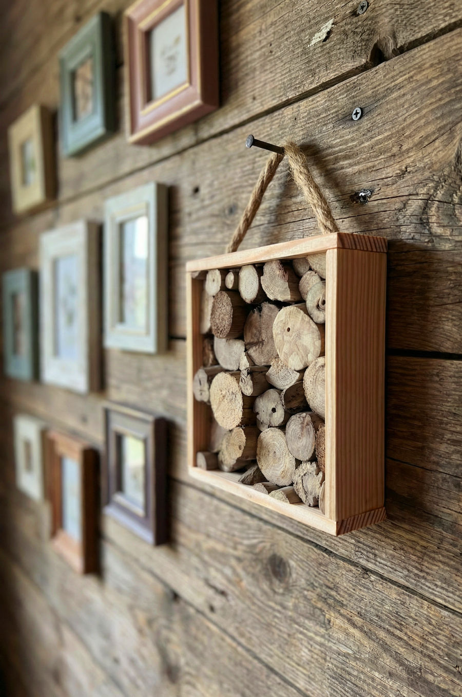 Cadre décoratif rondelles de bois flotté et pin massif