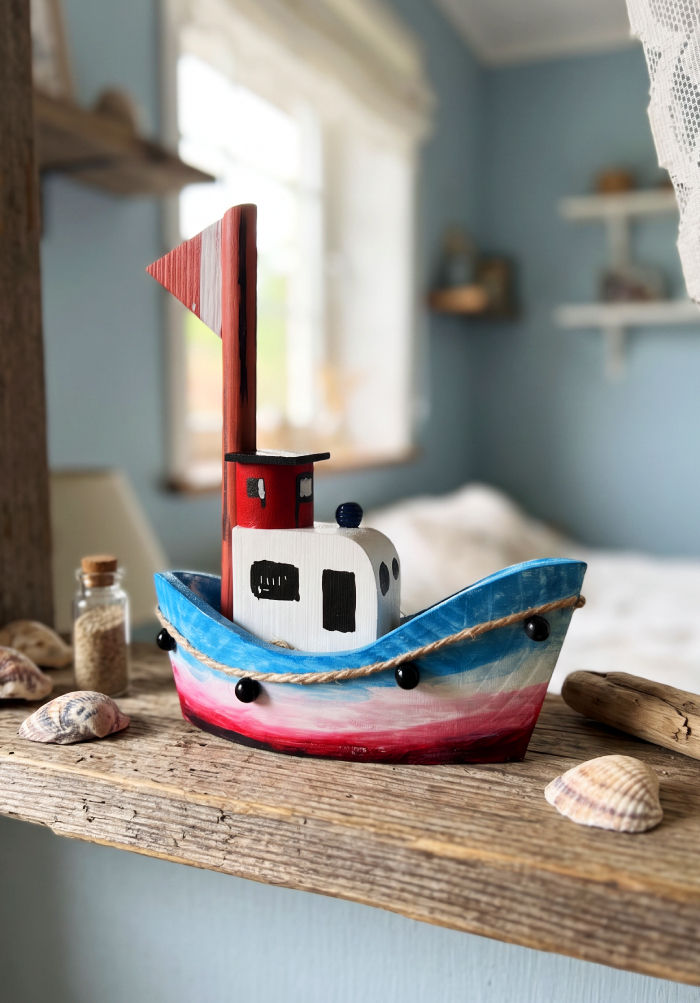Bateau de pêche décoratif artisanal en bois de pin massif – Pièce unique fabriquée à la main | Bois des Landes