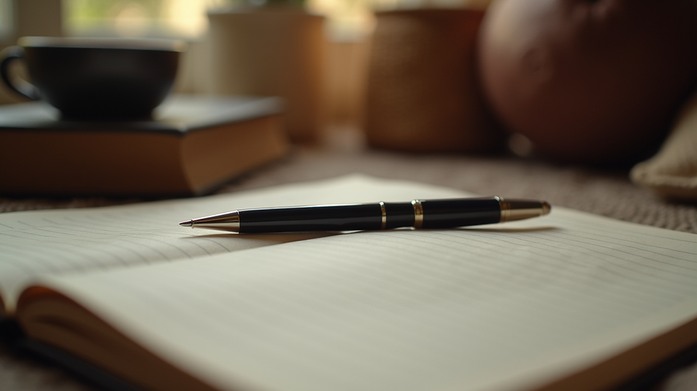 Close-up view of a cozy writing nook with a notebook and pen