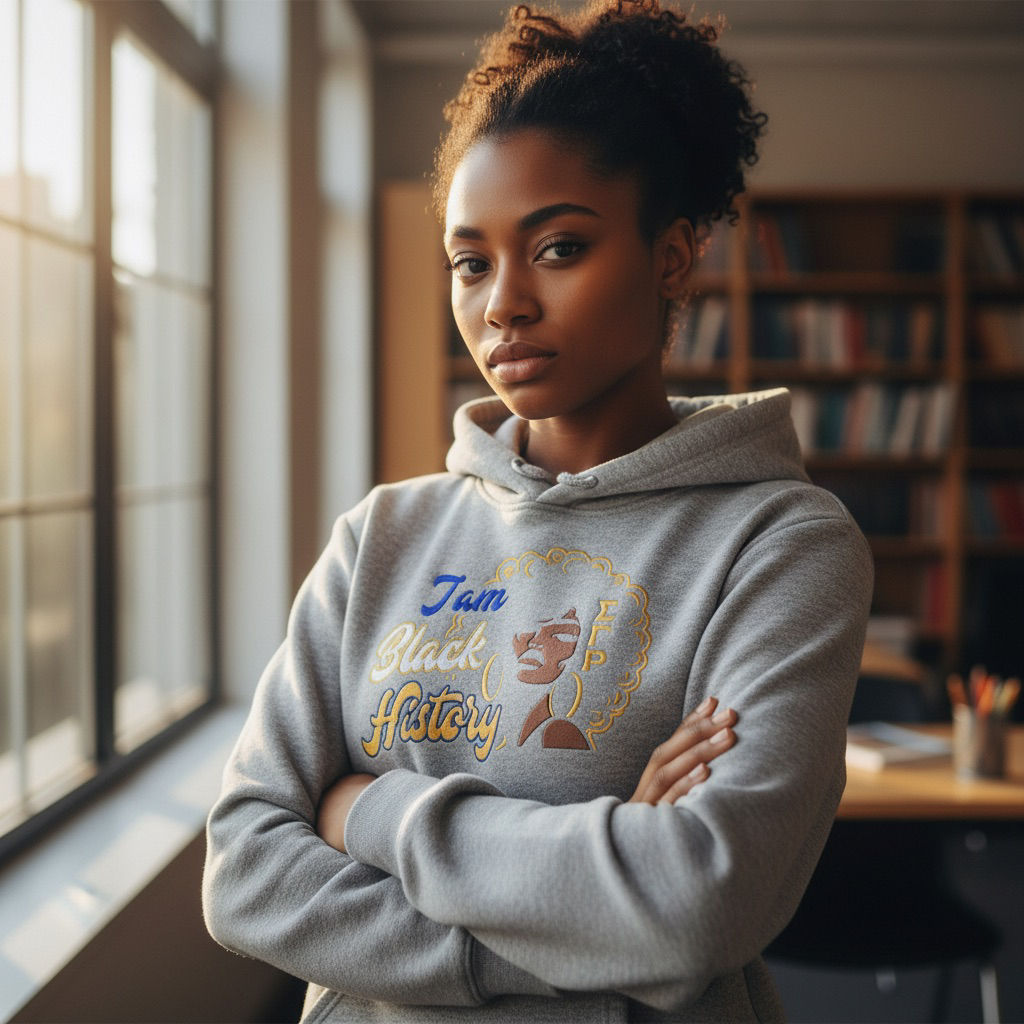 Sigma Gamma Rho “I Am Black History” Hoodie | Blue & Gold Afro Woman Sweatshirt