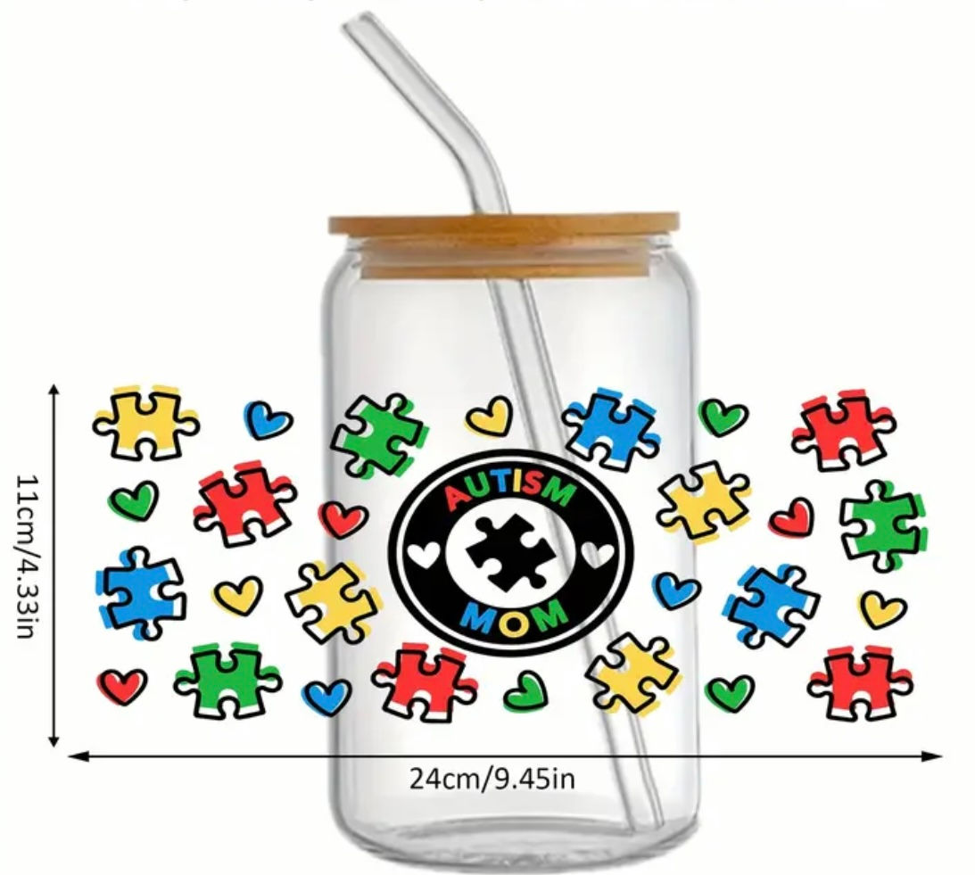 Autism Mom Wrap (UV DTF)-Glass Cup With Bamb