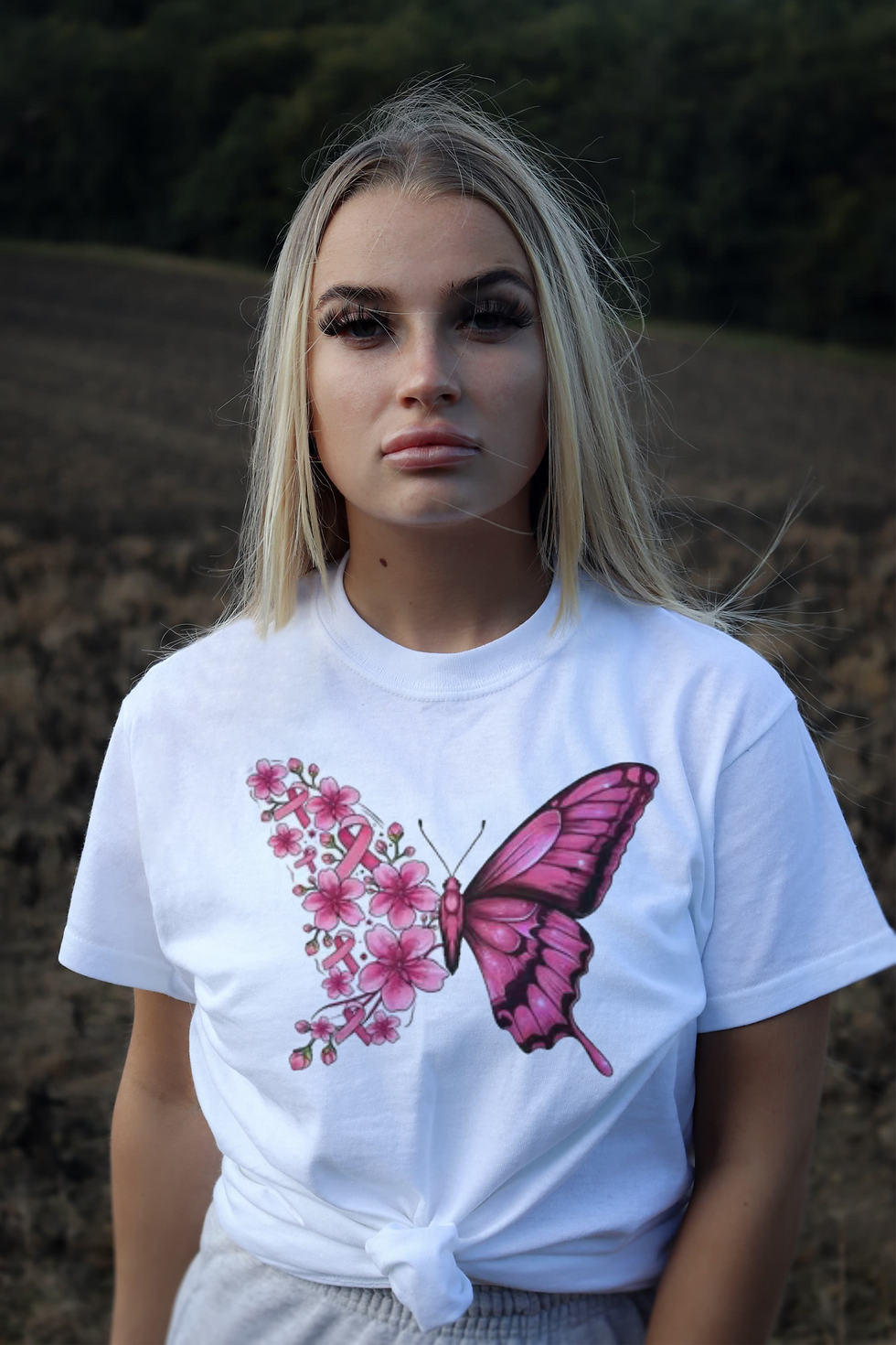 Thumbnail: Breast Cancer Butterfly (DTF)-Unisex Crew T-Shirt 100% Cotton Short Sleeve