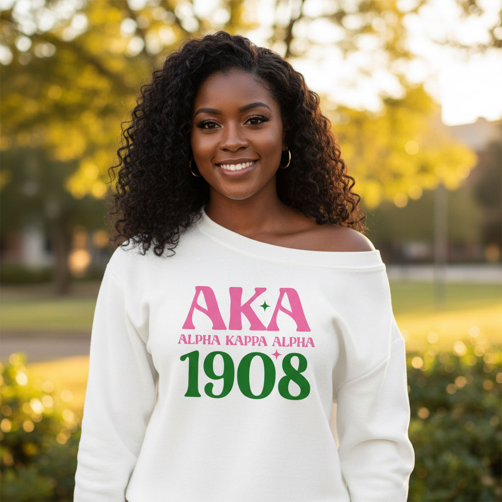 AKA 1908 Off‑Shoulder Sweatshirt – Alpha Kappa Alpha DTF Crewneck, Pink & Green