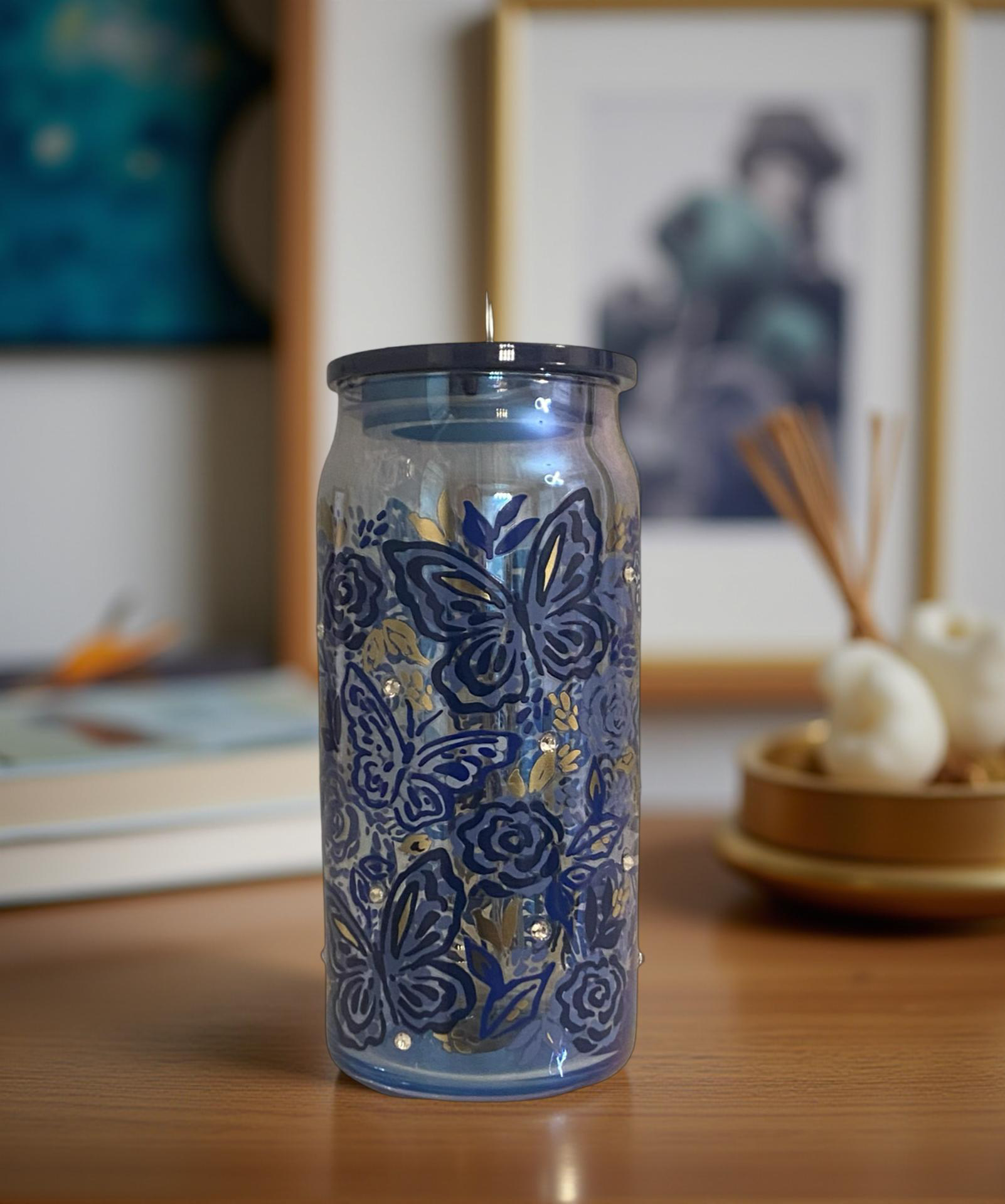 Butterflies & Rhinestones UV DTF 20oz Glass Cup w/ Bamboo Lid Drinkware