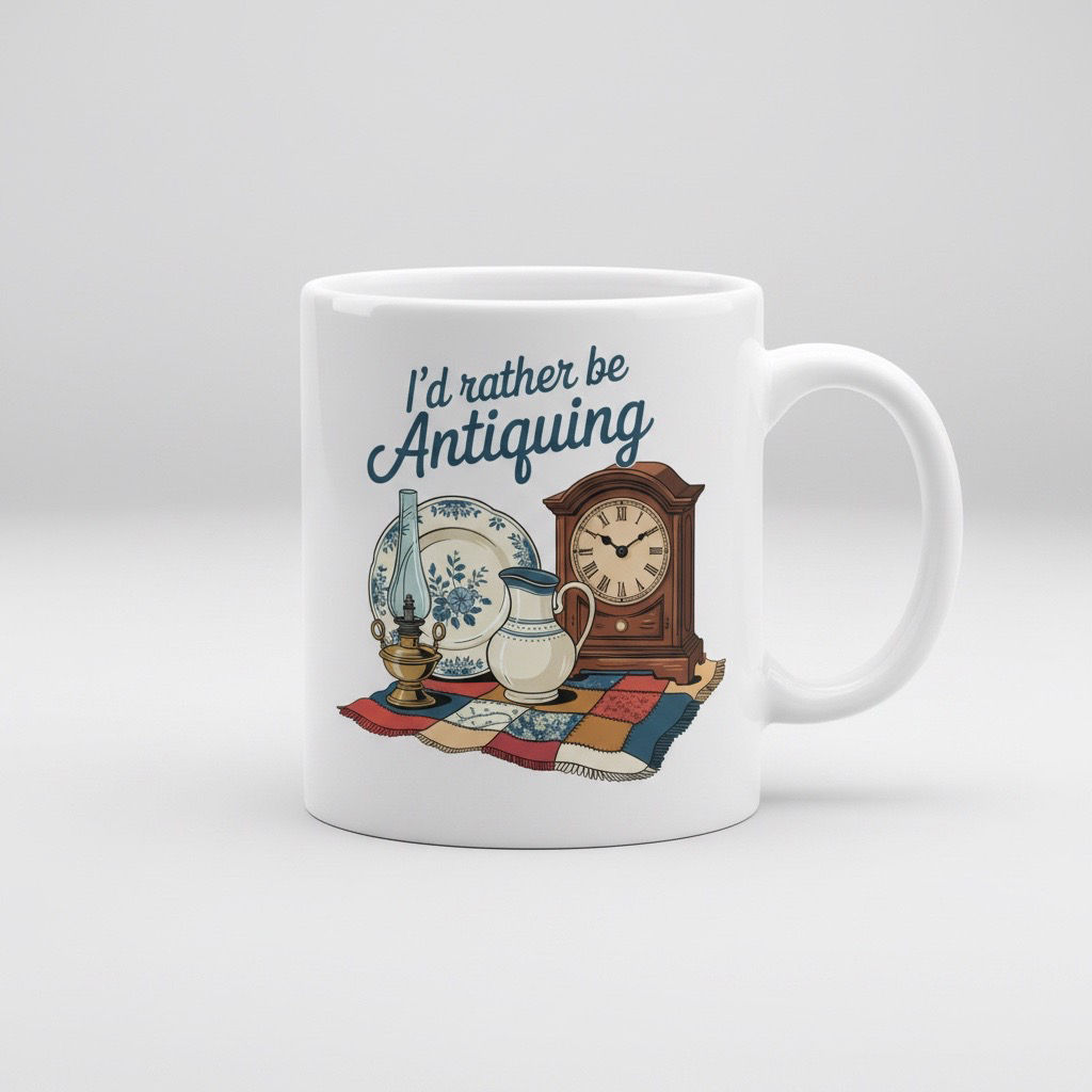 “I’d Rather Be Antiquing” Mug – Vintage Antique Lover Ceramic Cup (11.5 oz)