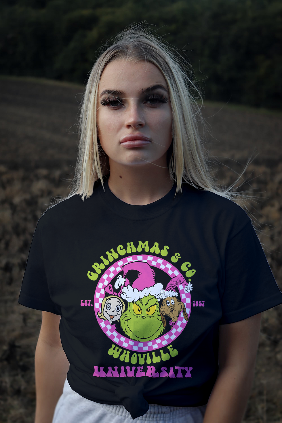 Thumbnail: Grinchmas & Co Whoville Univ (DTF)-Unisex Crew T-Shirt 100% Cotton Short Sleeve