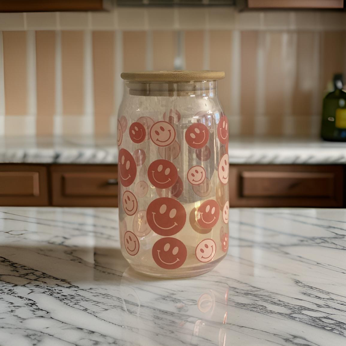 Happy Faces (UV DTF)-Glass Cup With Bamboo Lid, 16oz