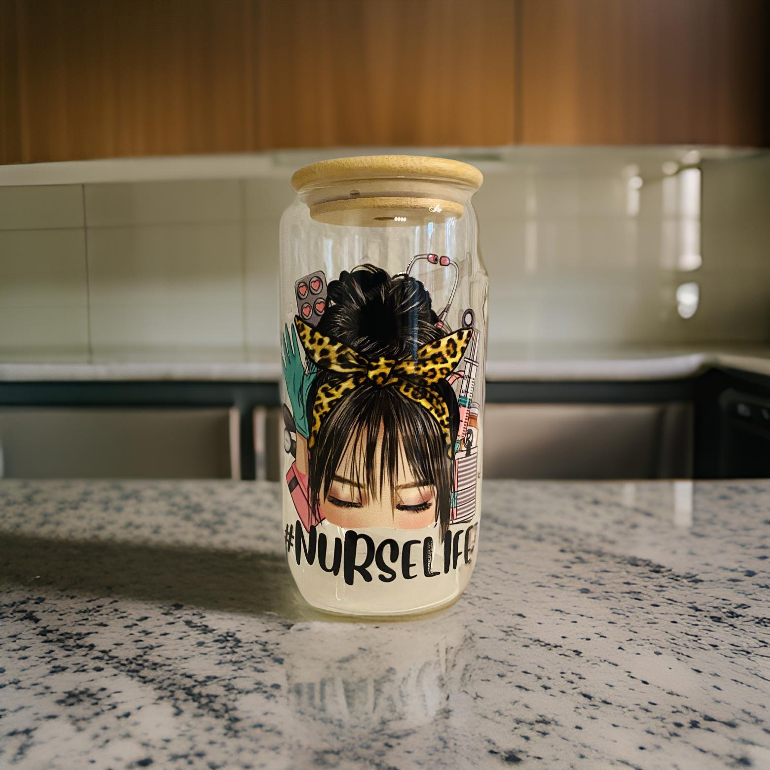 #NURSELIFE (UV DTF)-Glass Cup With Bamboo Lid, 16 oz