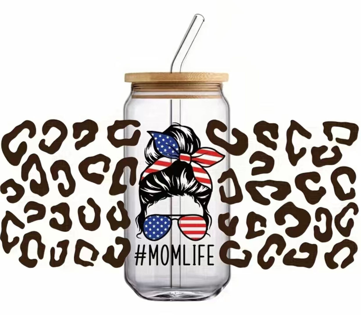 #MOMLIFE Cheetah Wrap (UV DTF)-Glass Drinking Cup With Bamboo Lid, 16oz